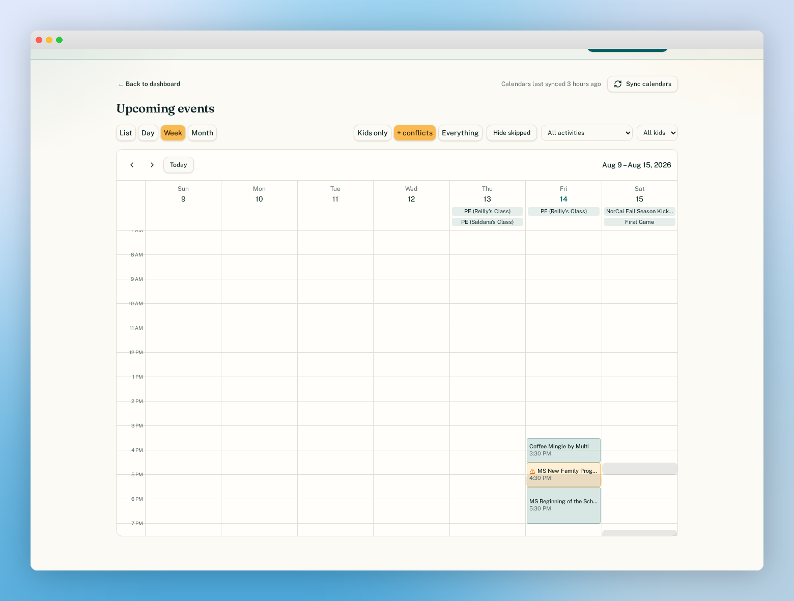 ParentSync.io calendar view merging school, sports, and household events into one weekly grid