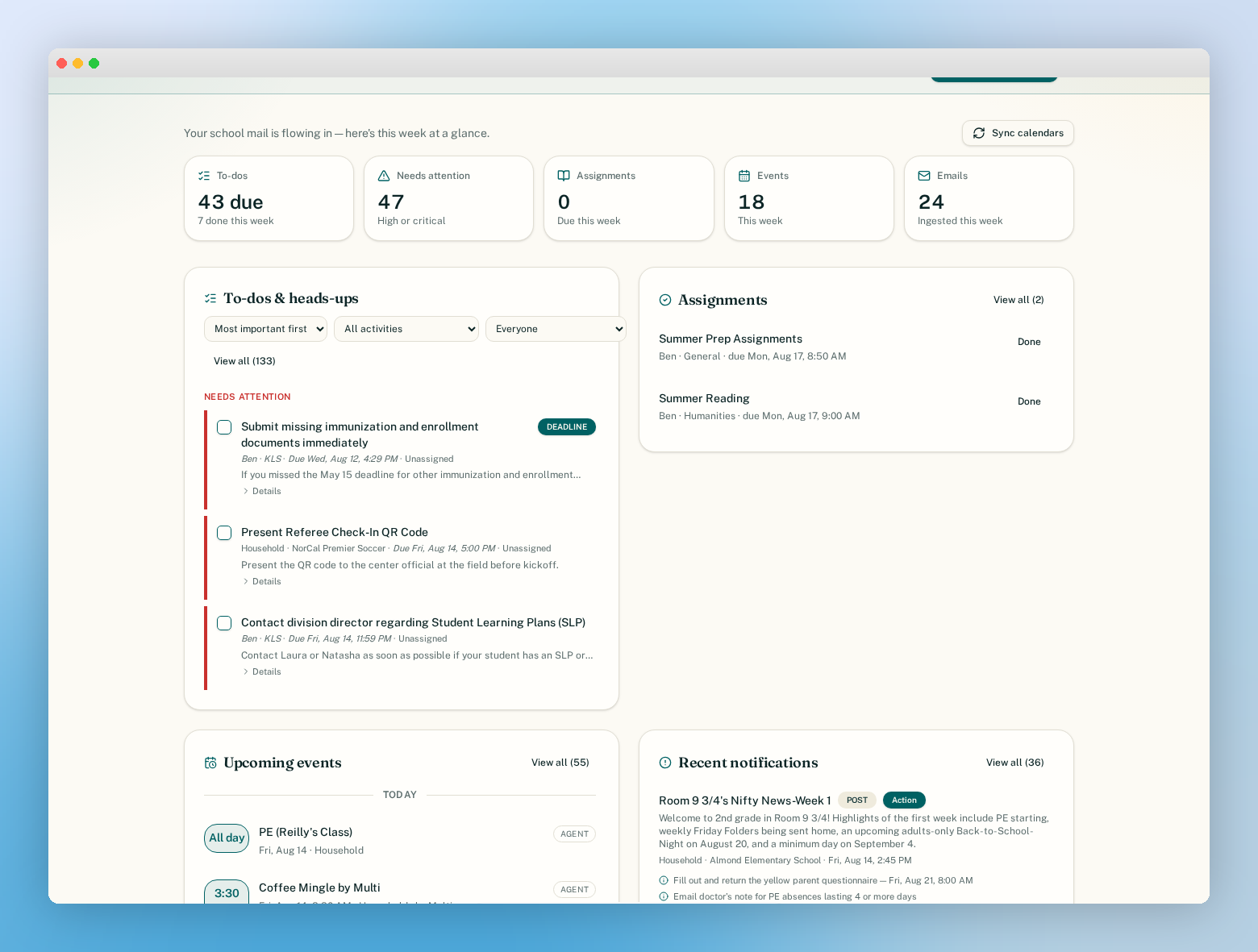 ParentSync.io dashboard showing to-dos, assignments, upcoming events, and recent notifications for a family